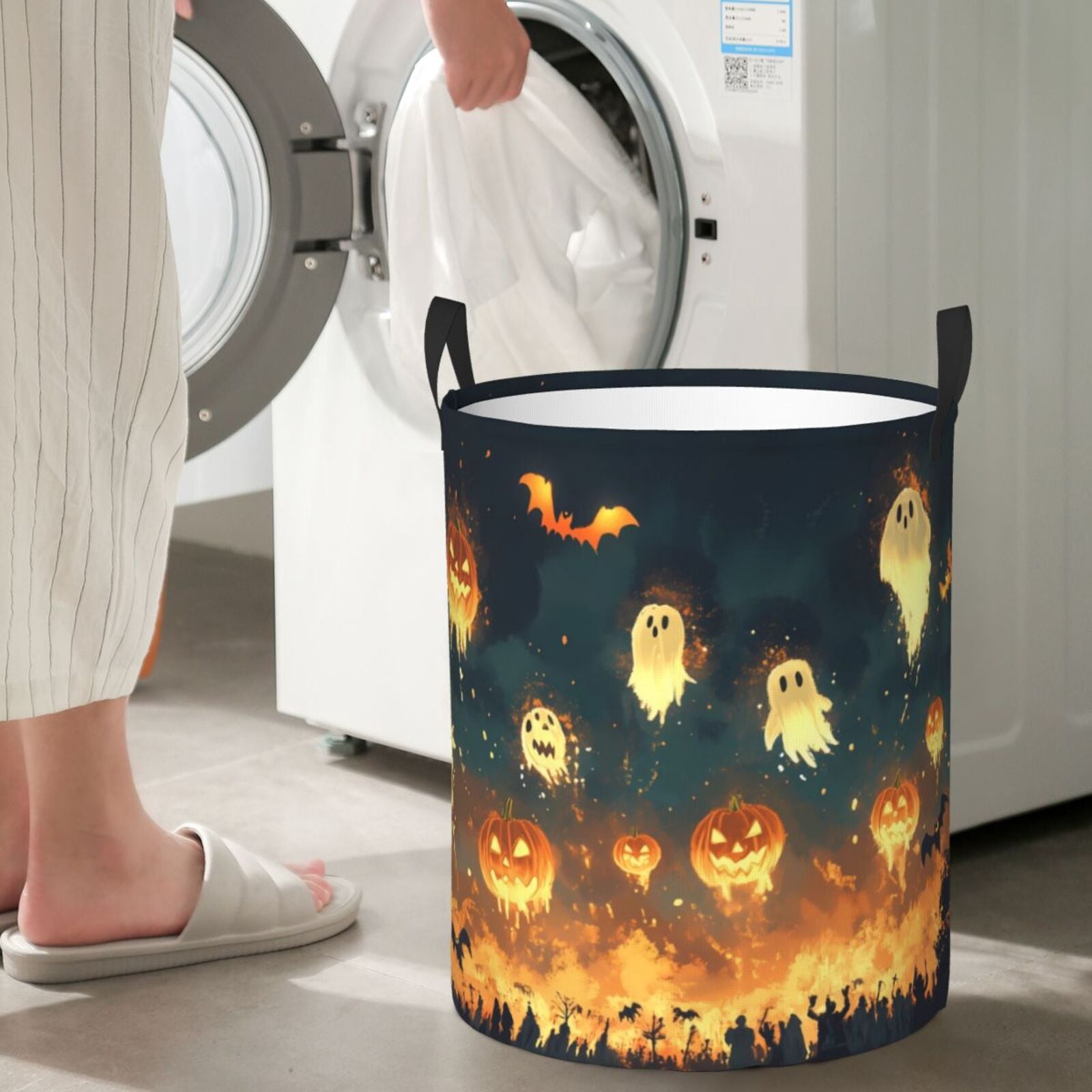 Large Laundry Basket with Handles - Halloween Pumpkin Ghost Flying Kids Baby Dirty Clothes Laundry Hamper for Bedroom Aesthetic