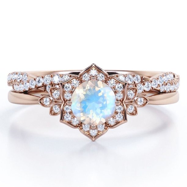 JeenMata Anillo de Bodas con Banda Retorcida Infinita de Piedra Lunar Azul y Moissanita de Corte Redondo de 1,75 Quilates con Bisel de Halo de Flores Engastado en Oro Rosa de 18 K sobre Plata