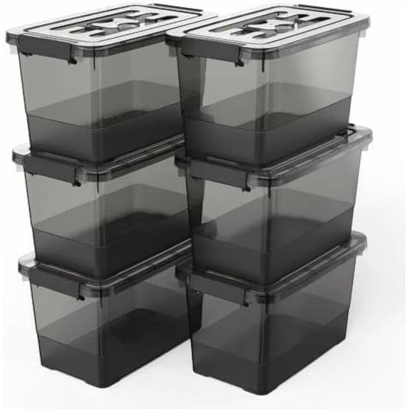 Clear Black Plastic Storage Bins with Lids/Handles, 6-Pack Stackable Storage Containers for Organizing, 7 Quart Latch Organizer Boxes