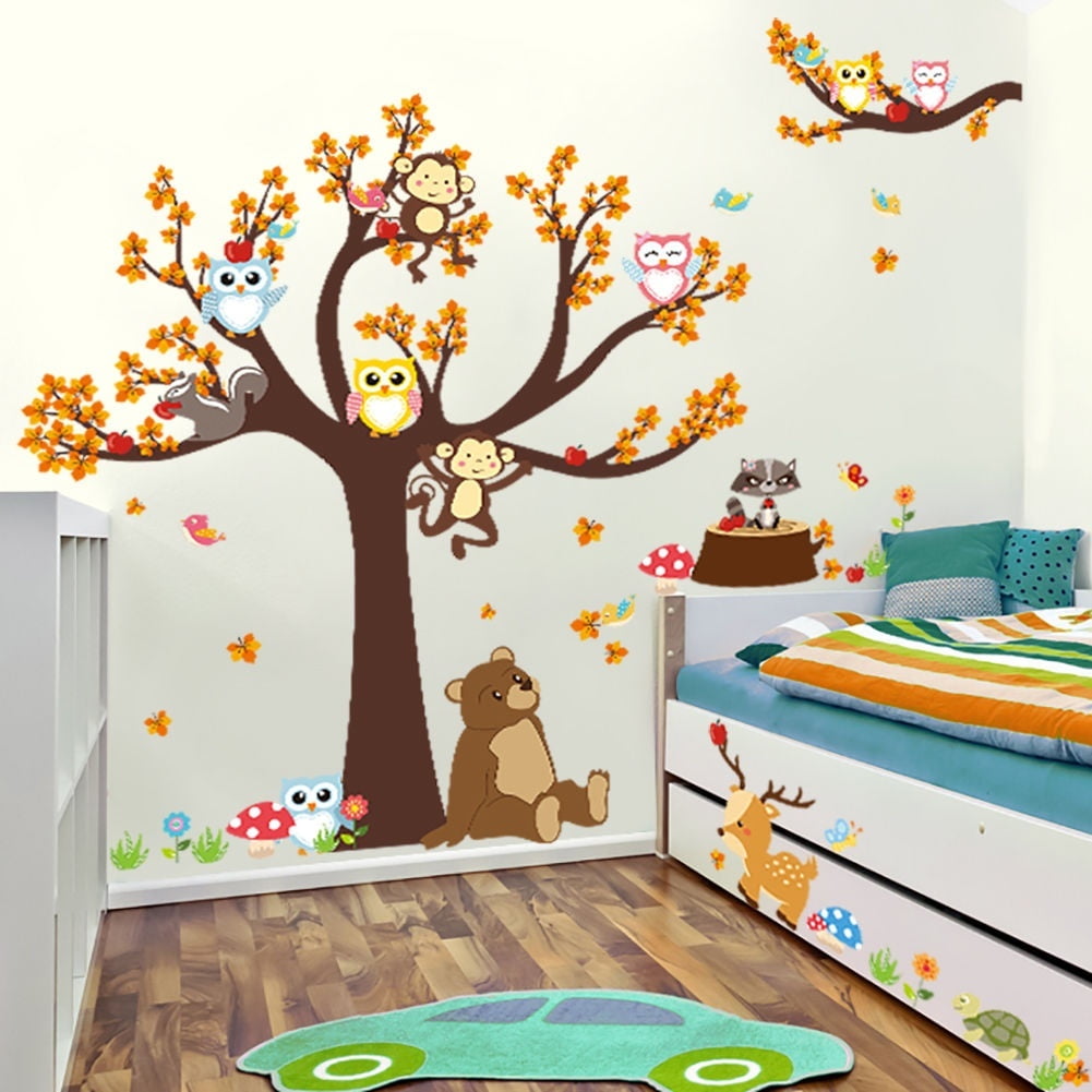 Nursery Room by KiKi Monkey Forest Animals and Owl with Tree Growth Chart Vinyl Wall Decal for Kids
