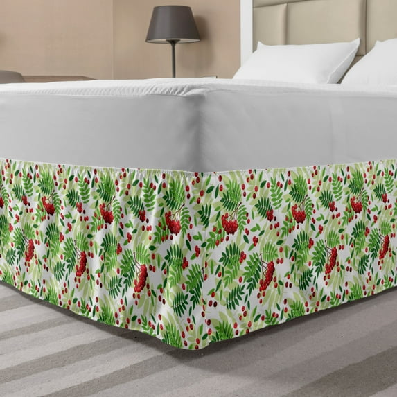 Rowan Bed Skirt, Green Leaves Wild Mountain Fruits Raceme Continuous Seasonal Pattern, Elastic Bedskirt Dust Ruffle Wrap Around for Bedding Decor, 4 Sizes, Apple Green Fern Green, by Ambesonne