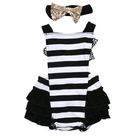 

Multitrust Newborn Girls Soft Stitching Romper with Hair Band Lace Hemlines