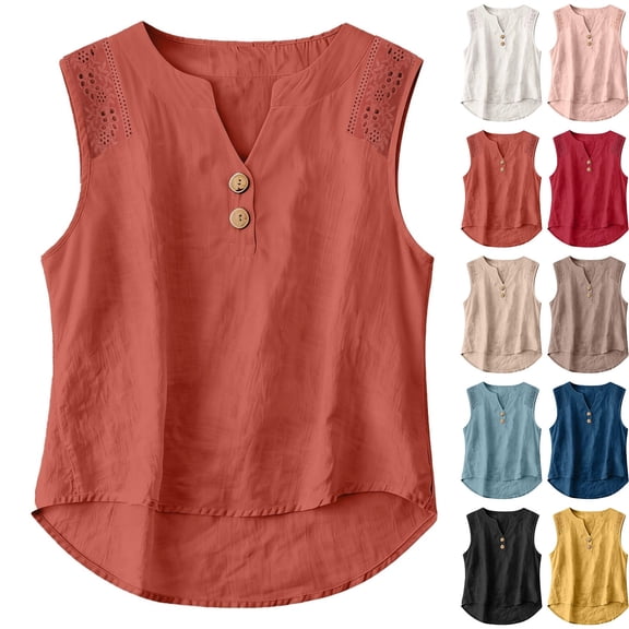 Cotton Linen Tank Top for Women V Neck Sleeveless Eyelet Shoulder Button Front Tops Loose Fit Curved Hem Summer Casual Daily Wear Vest, #02 Red, XXL