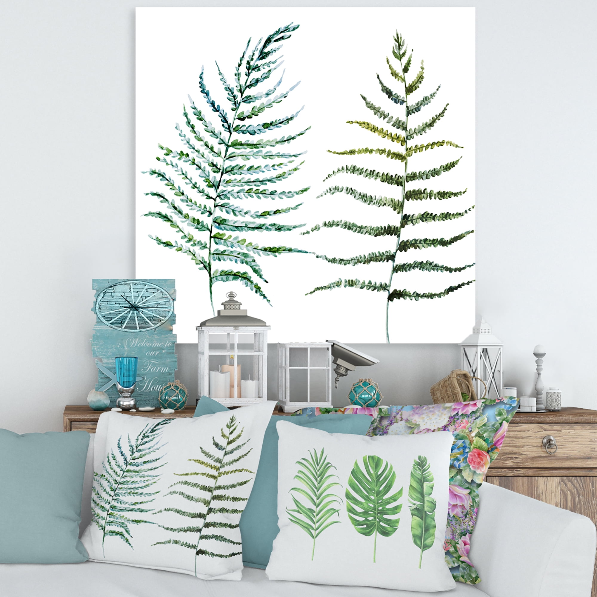Designart ' Two Fern Leaves On White ' Farmhouse Canvas Wall Art Print
