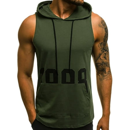 2019 Men Fitness Muscle Print Sleeveless Hooded Bodybuilding Pocket Tight-drying