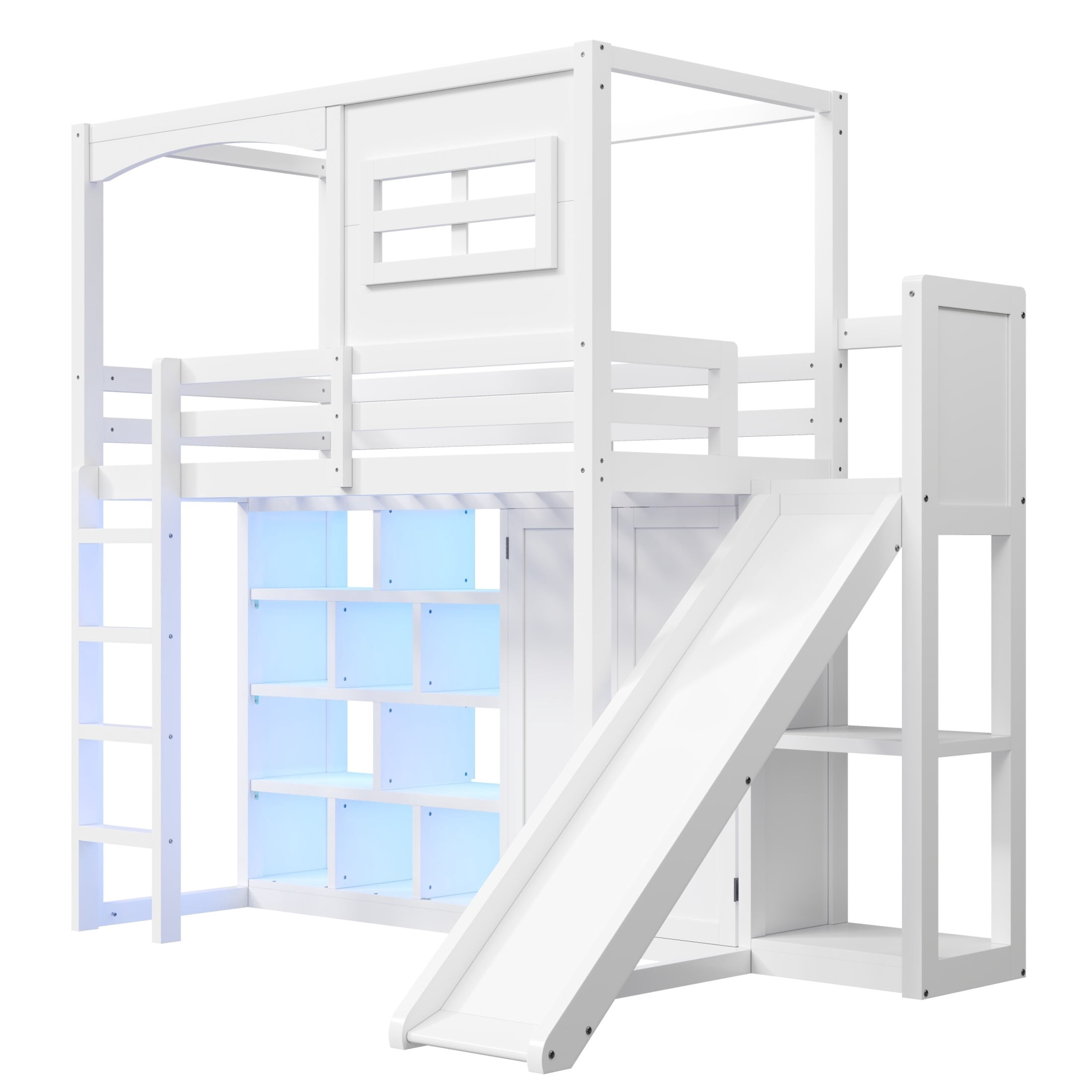 Noble House Briva Twin Wood Loft Bed with Wardrobe, Storage Shelves, Slide and LED Lighting, White