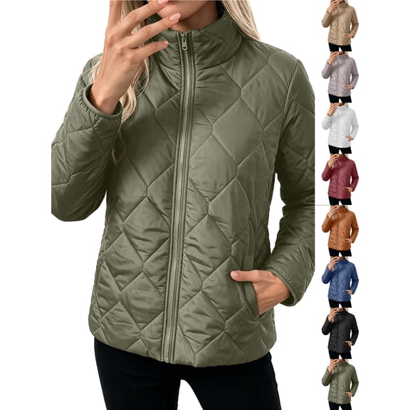 Chiccall Womens Quilted Puffer Jacket Full Zip Long Sleeve Winter Cotton Padded Coat Lightweight Warm Outerwear Army Green 2XL