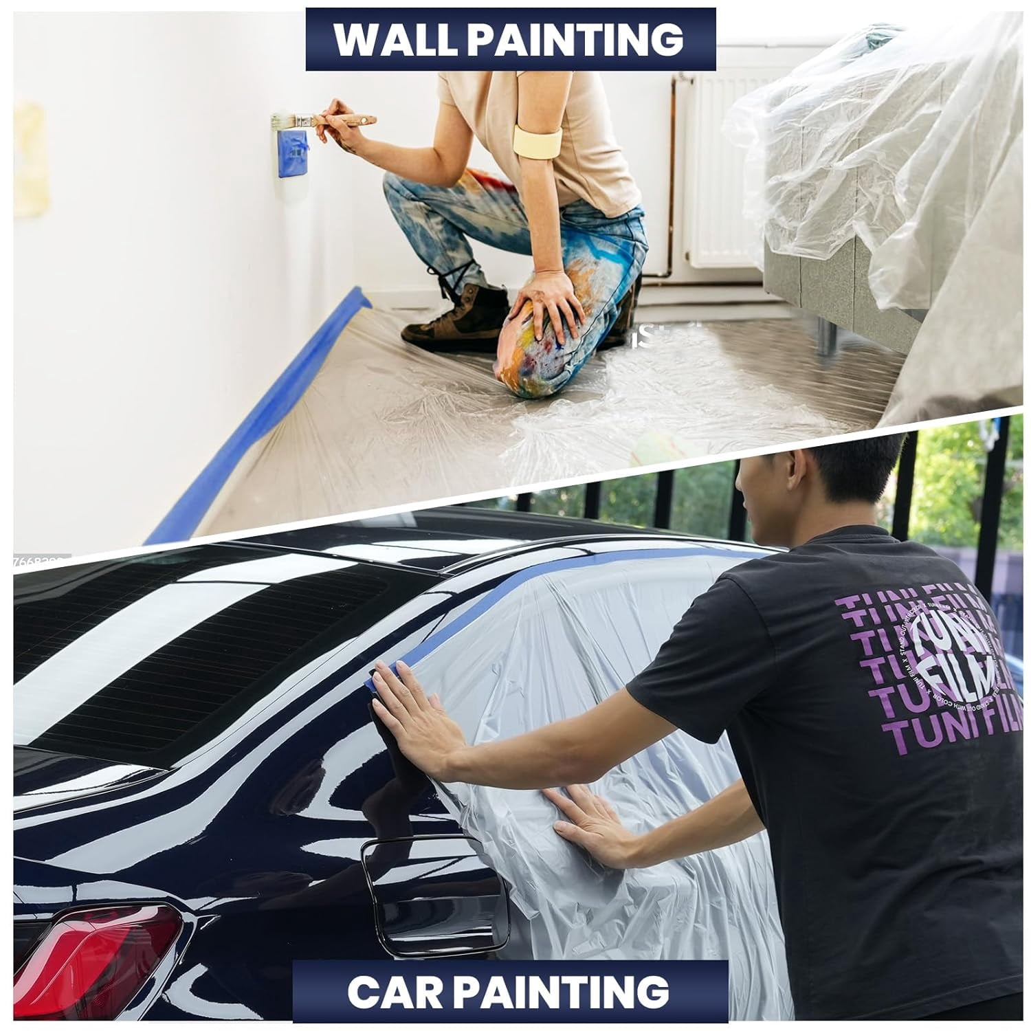 ADHES Painters Plastic with Tape, 24 inch x 90 feet x 3 Rolls Painters Tape with Plastic Attached, Pre Taped Masking Film Tape and Drape for Automotive Painting Covering