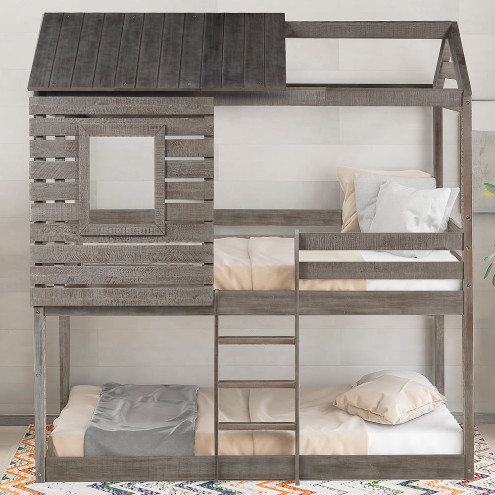 Kepooman Twin Over Twin Wood Bunk Bed with Roof & Window & Guardrail & Ladder for Kids, 77.8"L x 41"W x 83.1"H, Antique Gray Kepooman Twin Over Twin Wood Bunk Bed with Roof & Window & Guardrail & Ladder for Kids, 77.8"L x 41"W x 83.1"H, Antique Gray