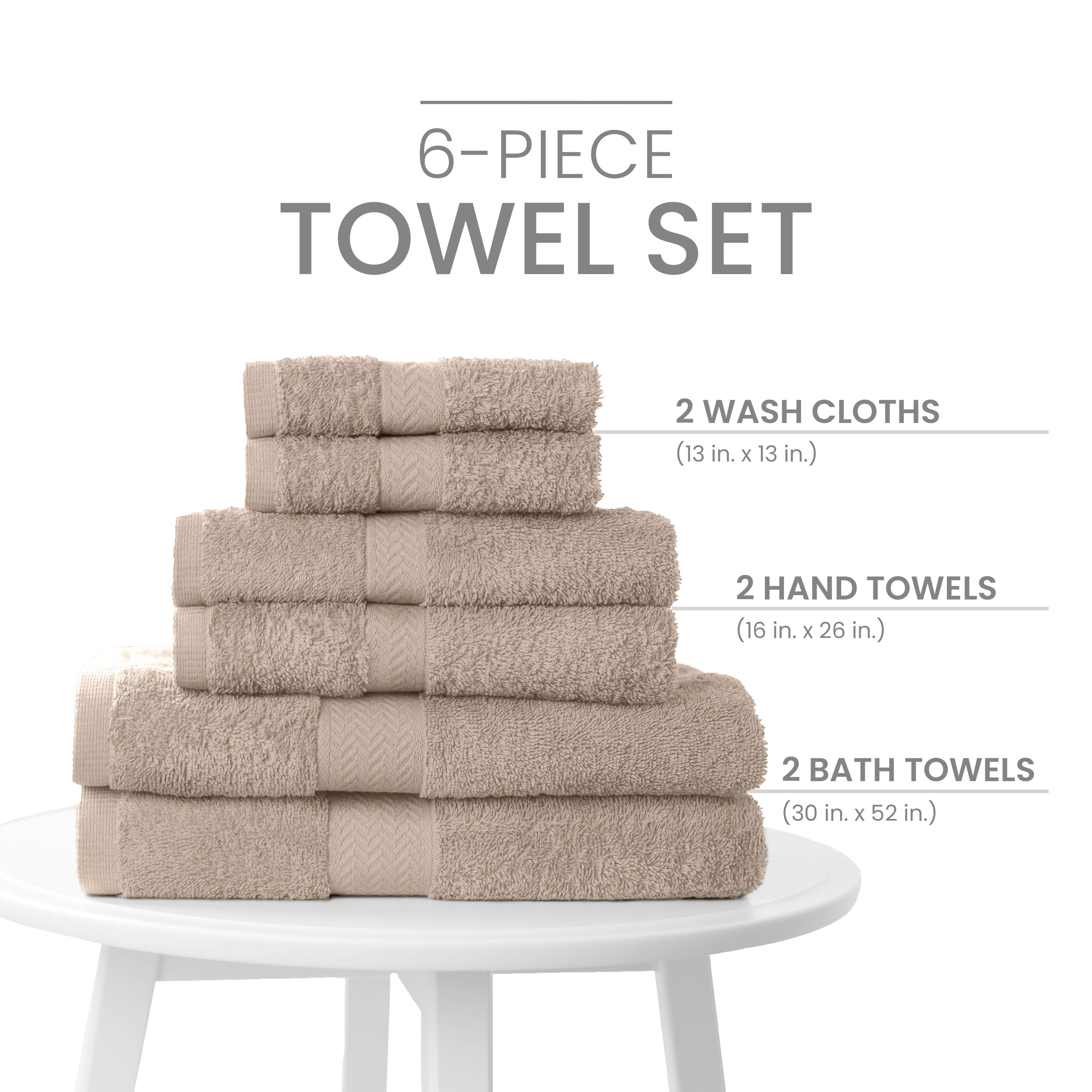 Martex Ringspun Solid Cotton 6-Piece Towel Collection, 2 Towels - 2 Hand Towels - 2 Washcloths, Sand Brown
