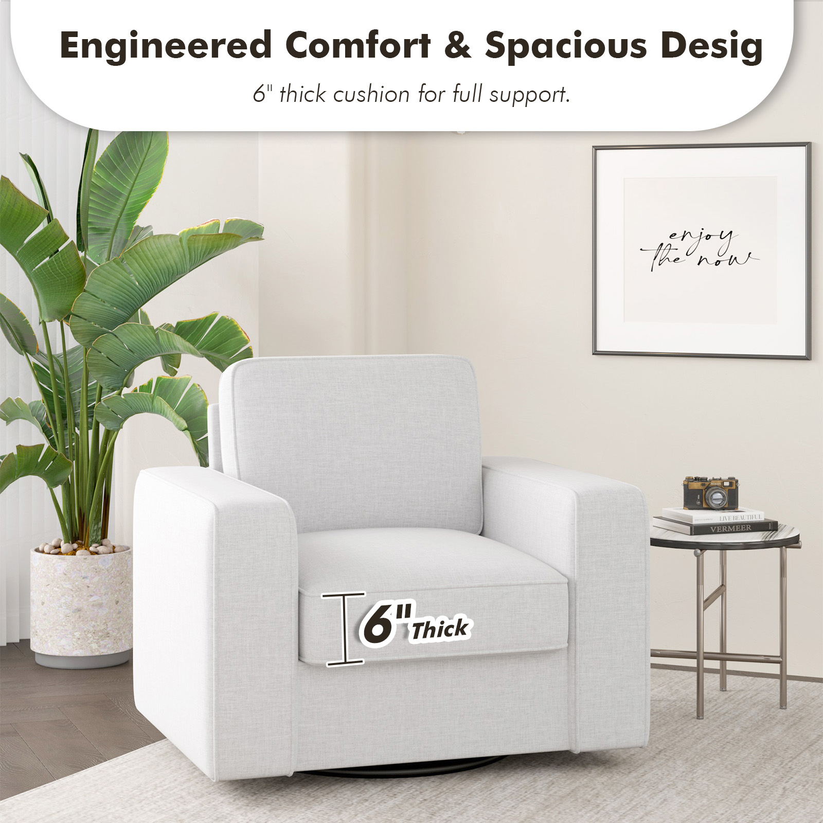 MOONMISS Swivel Accent Chair, 36'' Wide Mid-Century Modern Armchair for Living Room, Bedroom, Office, White