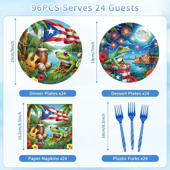 UDGIU-Puerto Rico Party Decorations, 96 Pcs Puerto Rican Flag Tropical Frog Plates Napkins Forks, Disposable Dinnerware for Puerto Rico Birthday Fiesta Theme Party Decor Tableware Set for 24 Guests