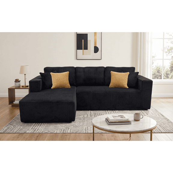 Xiweot 102" Boneless Cloud Couch with Chaise, Modular Sectional Sofa for Living Room, No Assembly Required, Deep Seat Corduroy L-Shape Cloud Couches, Black