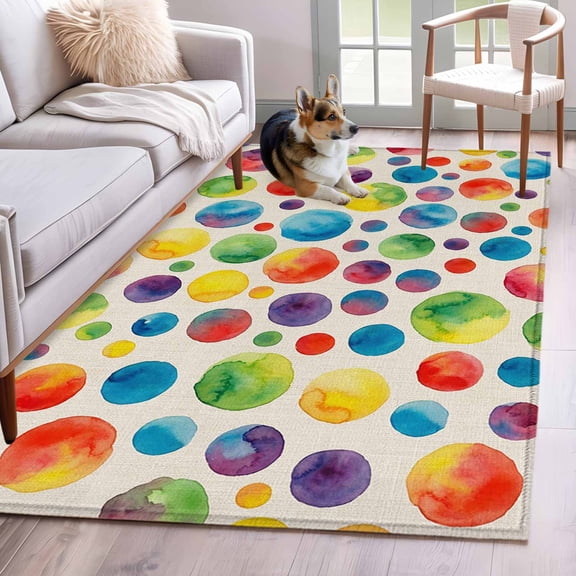 Rectangle Area Rugs 3 x 5 Ft, Colorful Polka Dot Non-Slip Residential Carpet, Cartoon Watercolor Geometric on Linen Indoor Crawling Mats Runner Rugs for Living Room/Dining Room/Bedroom