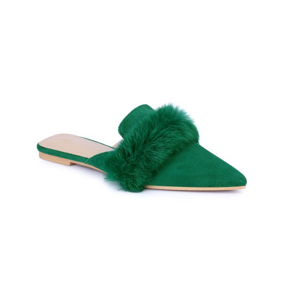 Allegra K Women's Shoes Soft Fur Decor Pointed Toe Slip on Flat Slide Mules Green 9