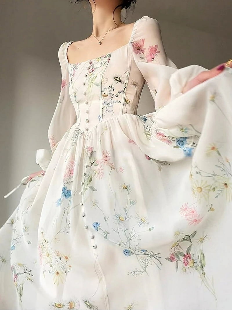 French Elegant Floral Midi Chiffon Long Sleeve Sundress