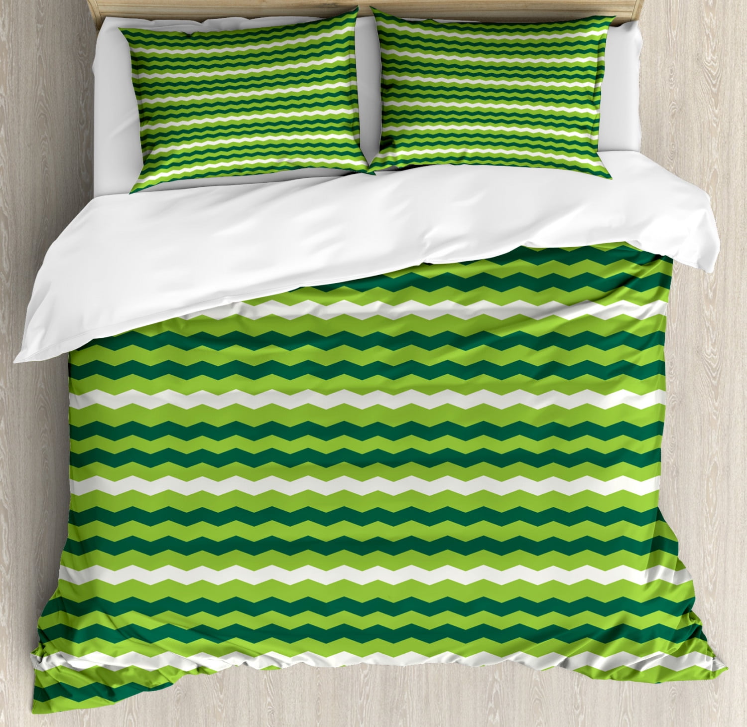 Green Duvet Cover Set, Wavy Horizontal Lines in Vibrant Colors