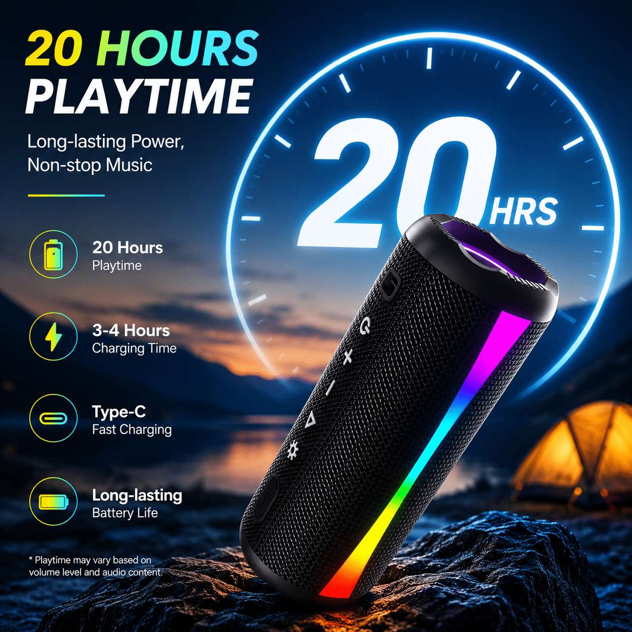 Portable Bluetooth Speaker, Bluetooth 5.4 Wireless Speaker, IPX7 Waterproof, 30W Loud Deep Bass with 20H Palytime, 7 Color RGB Lights, TWS Pairing for Home/Party/Outdoor, Gift