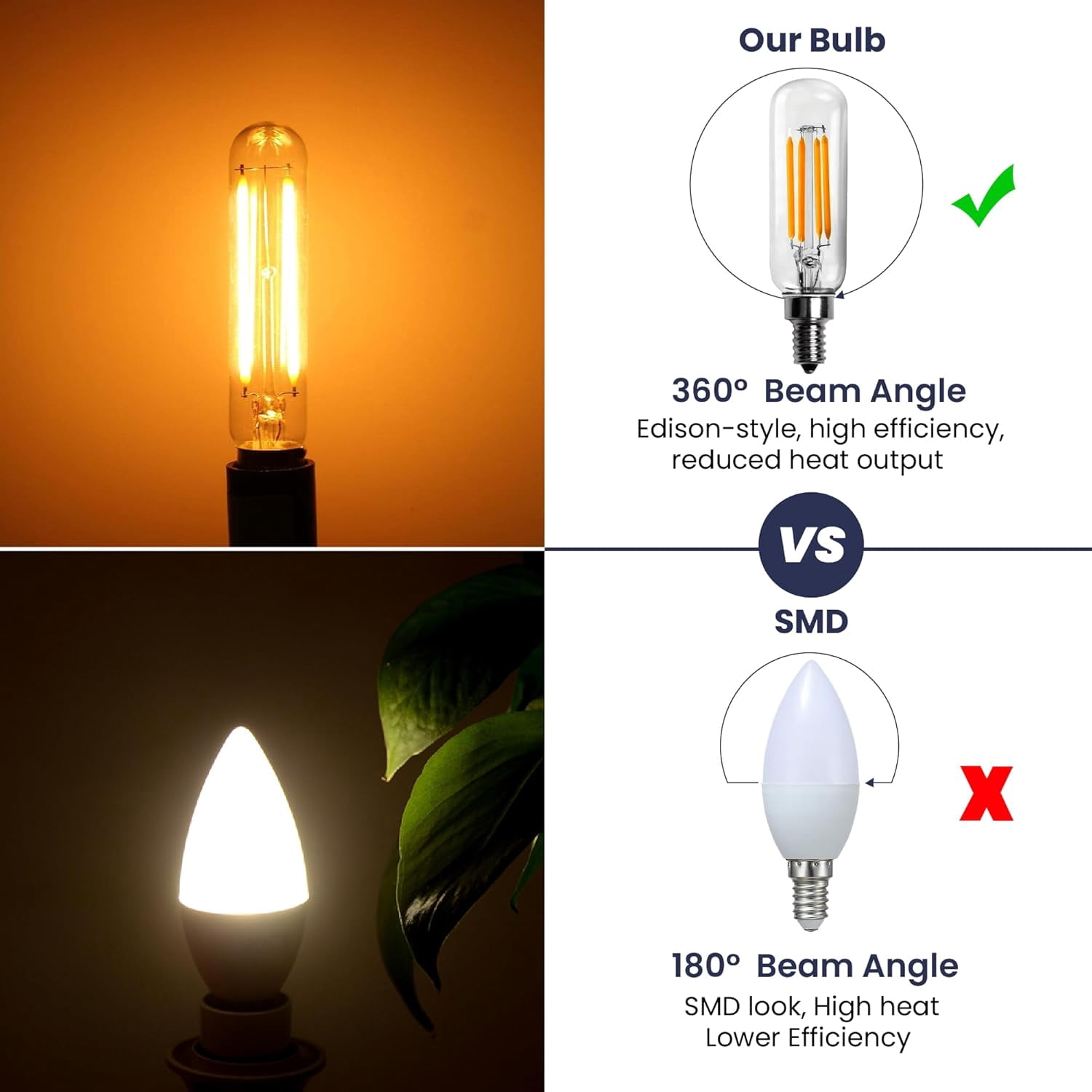 Led T25 Led Filament Candle Light Bulb, 6watt = 60watt, Clear Filament, Warm White 2700k, T25, Base E12, 600lm, CRI90, Dimmable (4-Pack)