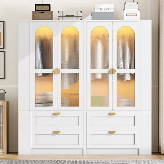 Virans 2 Doors Armoire Wardrobe Closet with 2 Drawers & LED Lights,71"H Wardrobe Storage Cabinet with Removable Hanging Rod,Open Shelving for Bedroom