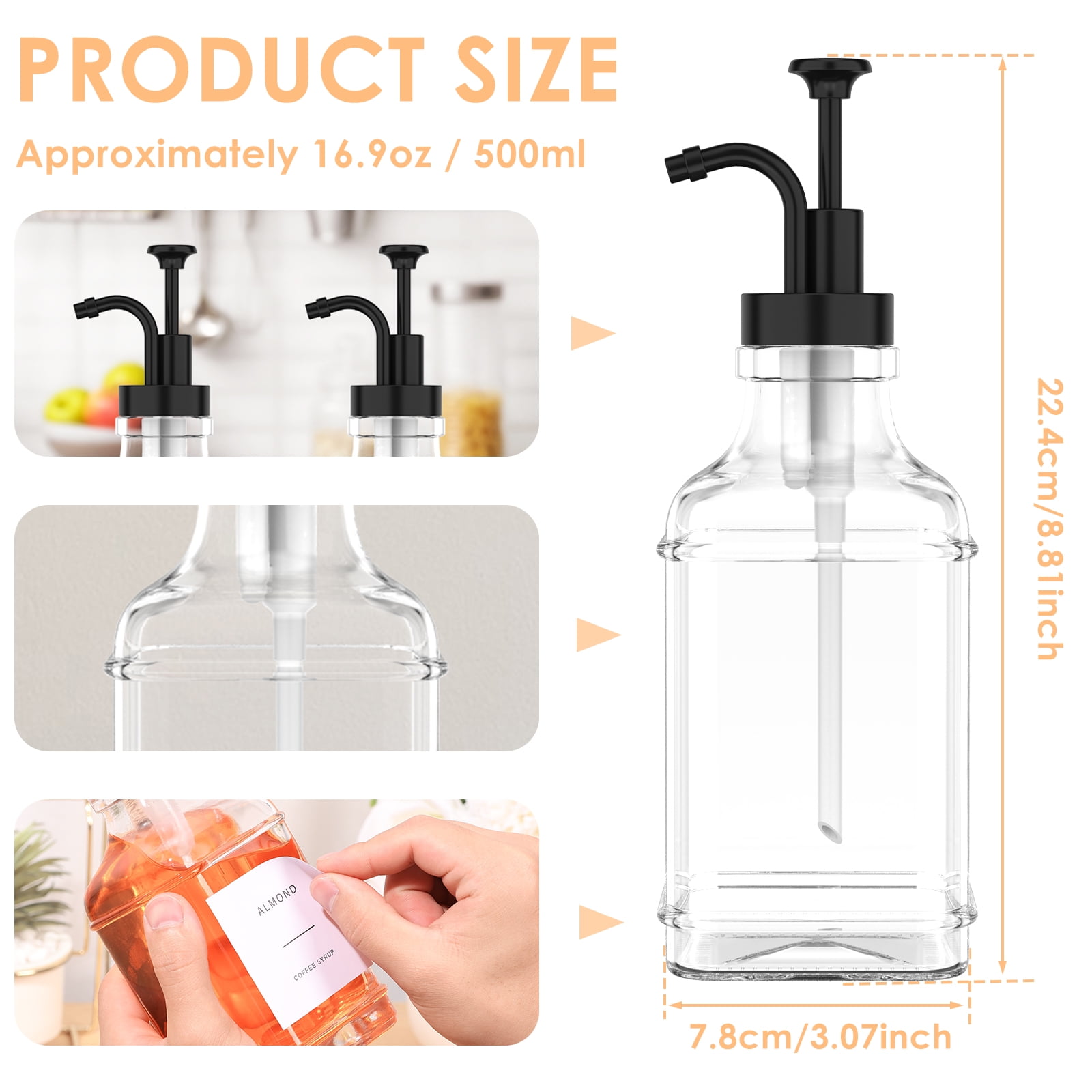 Coffee Syrup Dispenser Set with Silicone Funnel 500ml Glass Syrup Bottle with Label Stickers Clear Coffee Syrup Container Portable Coffee Pump Dispenser Syrup Pump Dispenser for Bar