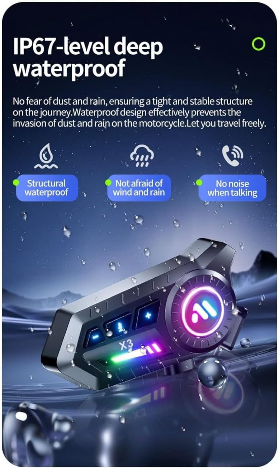 Motorcycle Helmet Bluetooth Headset, IP67 Waterproof, Type-C Charging, Two-in-One Microphone with Ambient Light and Voice Assistant for All Helmets