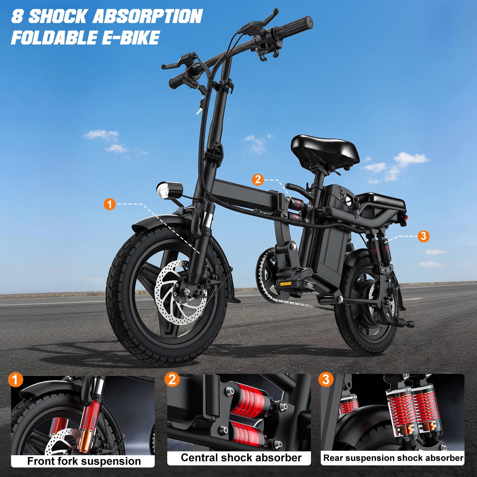 Terrosor 14-in Foldable Electric Bike - 48V 740W Motor, 19.9 Mph Maximum Speed, 18.6 Miles of Range, 330 lbs Load Capacity, Portable Folding Design, Suitable for Commuting and Short Trips Black