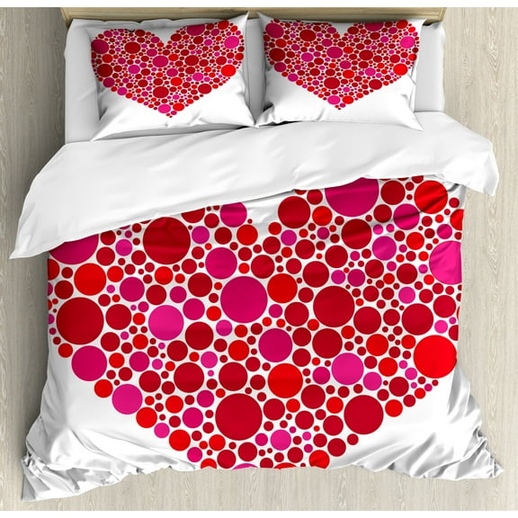 Love Duvet Cover Set, Illustrated Drawing of Dots Hearts Romantic Motif Print on Plain Backdrop, Decorative 3 Piece Bedding Set with 2 Pillow Shams, King Size, White Magenta Vermilion, by Ambesonne