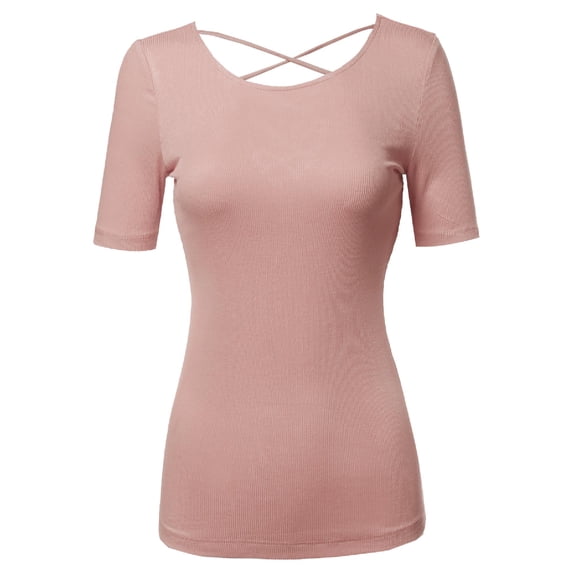 FashionOutfit Women's Solid Soft Stretch Short Sleeve Cross Strap Back T-shirt Top