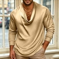 thumbnail image 2 of Men's Elegant Solid Silky Satin Shirt Cowl Neck Blouse Long Sleeve Casual Loose Business Dressy Shirts office Work Top Spring Fall Outfits Size 3XL Gold, 2 of 5