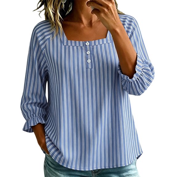 Guluxicc Women's Striped Shirts Scoop Neck Button Short Sleeve Basic Tops for Summer Casual Outfits