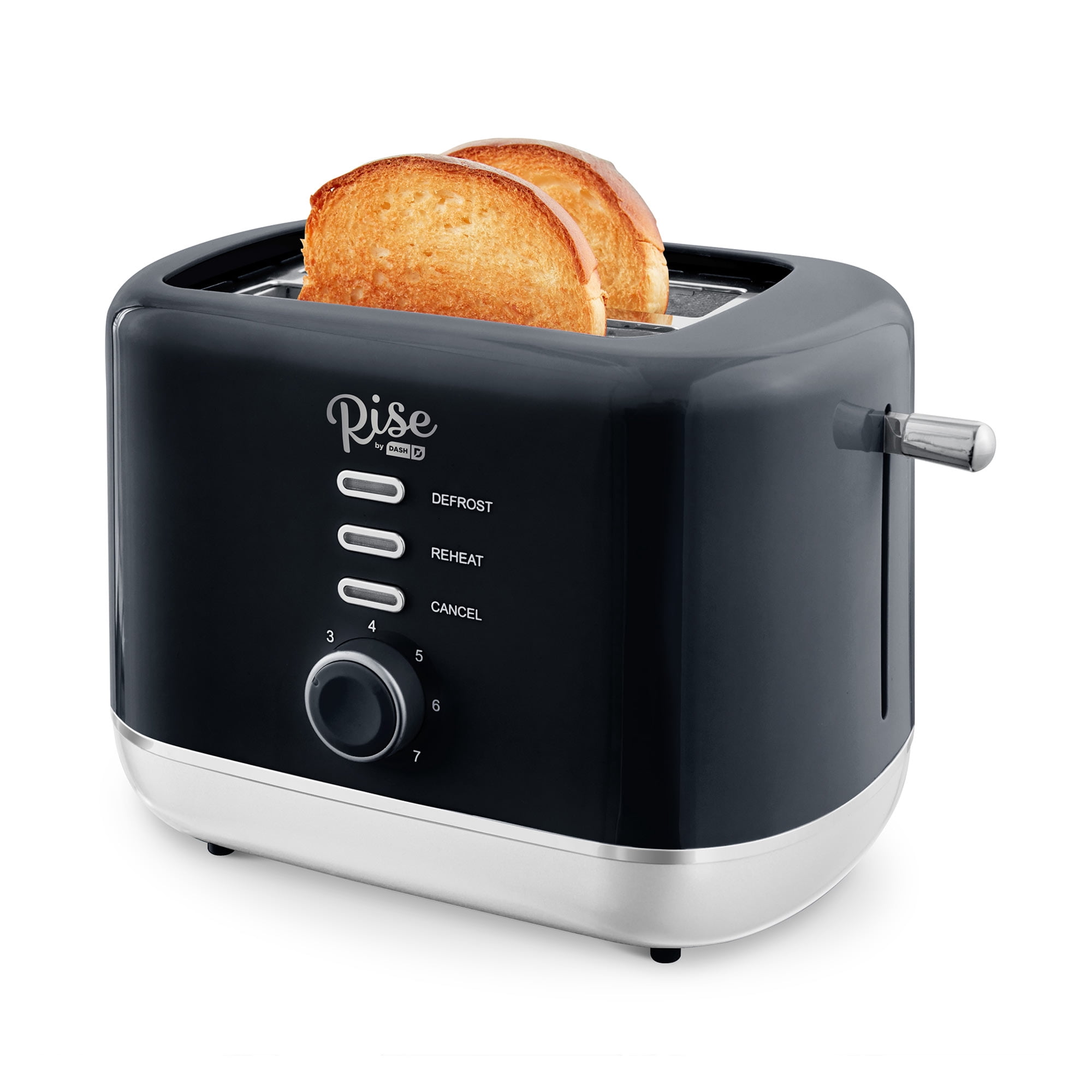 Rise by Dash 2-Slice Toaster: Defrost, Reheat + Auto Shut off, 7 Browning Levels for Bread, English Muffins & More, Black