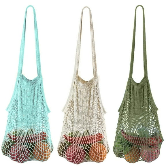 3 Pack Reusable Produce Bags Cotton Mesh Grocery Bags，Portable Washable Long Handle Shopping Bag 100% Cotton Mesh Tote Bag Vegetable Bag for Shopping and Storage Fruit Vegetable