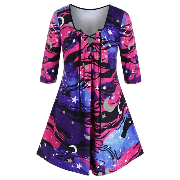 Más el tamaño de la galaxia luna y estrella con cordones Tee Rosegal Camisetas tallas grandes