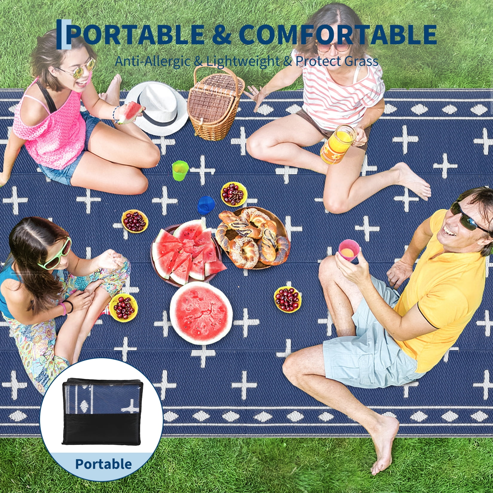 Geometric Outdoor Rug 9x12, Reversible Waterproof Plastic Straw Area Mat for Patio, RV Awning, Garden, Deck, Balcony, Camping and Beach,Dark Blue