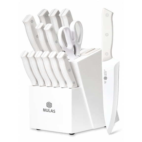 NULAS Knife Set, 14 Piece Kitchen Knife Set with Block Self Sharpening, Stainless Steel Dishwasher Safe, Anti-slip Handle, White