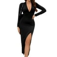 thumbnail image 2 of Women Deep V Neck Long Sleeve Slit Fall Elegant Formal Wedding Guest Cocktail Evening Date Prom Maxi Long Dress Black S, 2 of 9