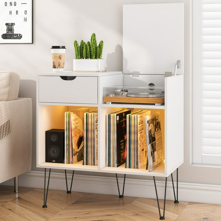 Automatisk Dwell konsol Hoompa Record Player Stand With LED Light Double Wide Turntable Stand Holds  Up to 140-200 Albums Vinyl Record Player Table Cabinet with Record Storage  and Metal Hairpin Legs White - Walmart.com
