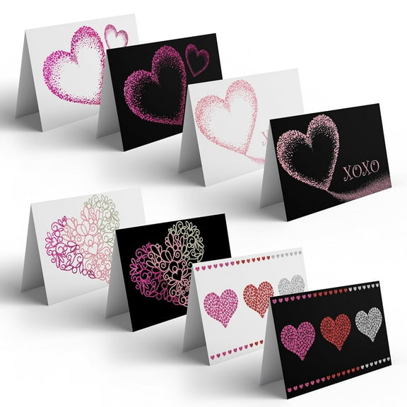 Better Office Products 24 Pack Glitter Heart Note Cards, Love Greeting Cards, 4 x 6 inch, 8 Extraordinary Metallic Foil Designs, Assorted Blank Note Cards, with Envelopes, 24 Count