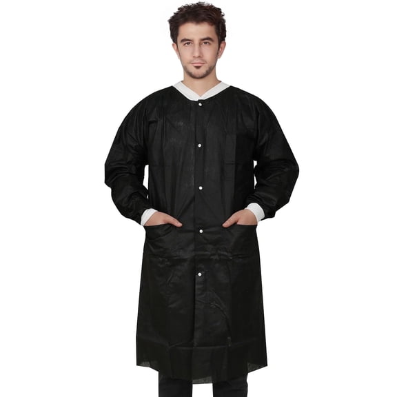 Disposable Lab Coats, SMS Material, Knee Length, 3 Pockets, 50 Pack – Medium, Black