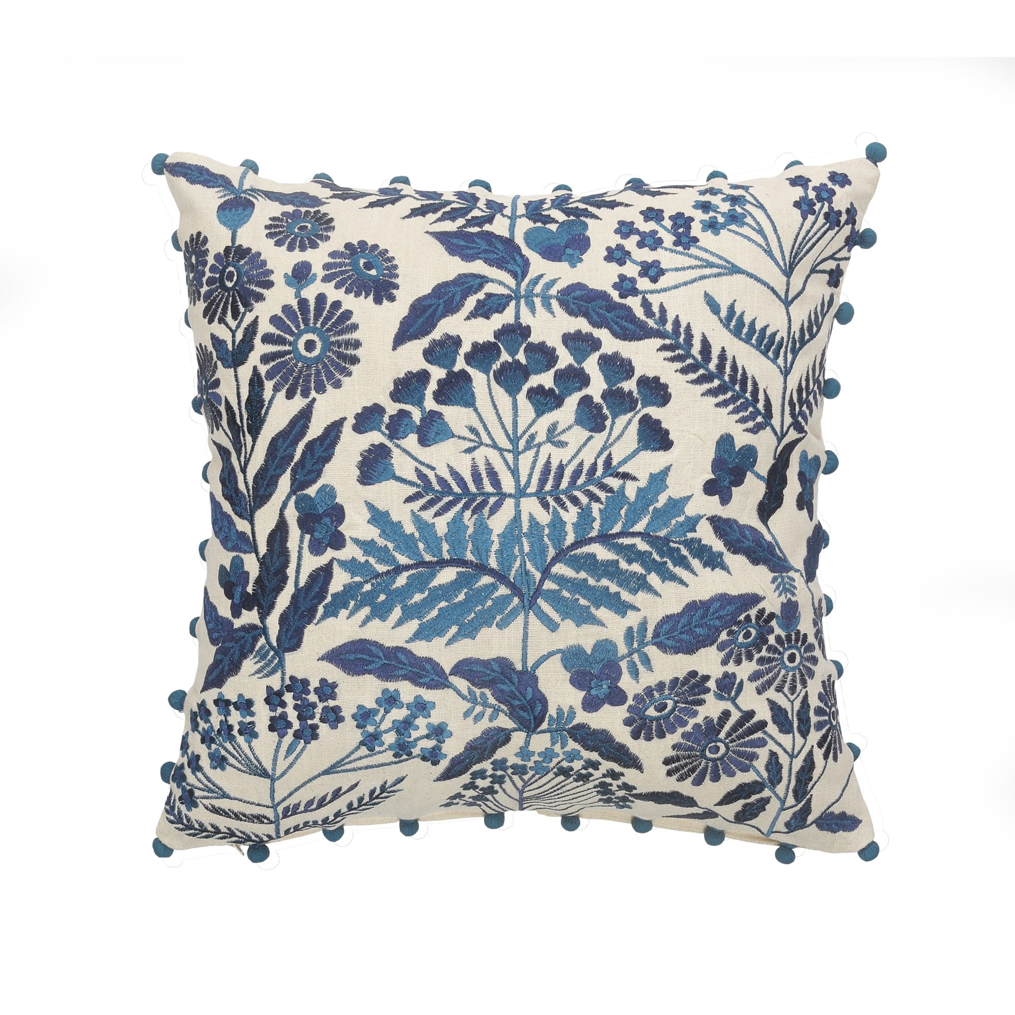 Laddha Home Designs Hand Stitched Botanical Cotton Throw Pillow Cover - 20" - White and Blue