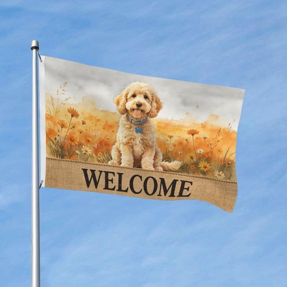 Welcom Flower Field Goldendoodle Garden Flags for Outside 3x5 Ft Double Sided Large House Flag Housewarming Gift Flag Cute Dog Flags Gifts for Men Women Adults House Yard Outdoor Patio Decor