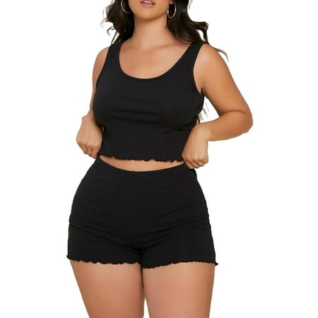 

Casual Scoop Neck Short Sets Sleeveless Black Plus Size Pajama Sets (Women s)