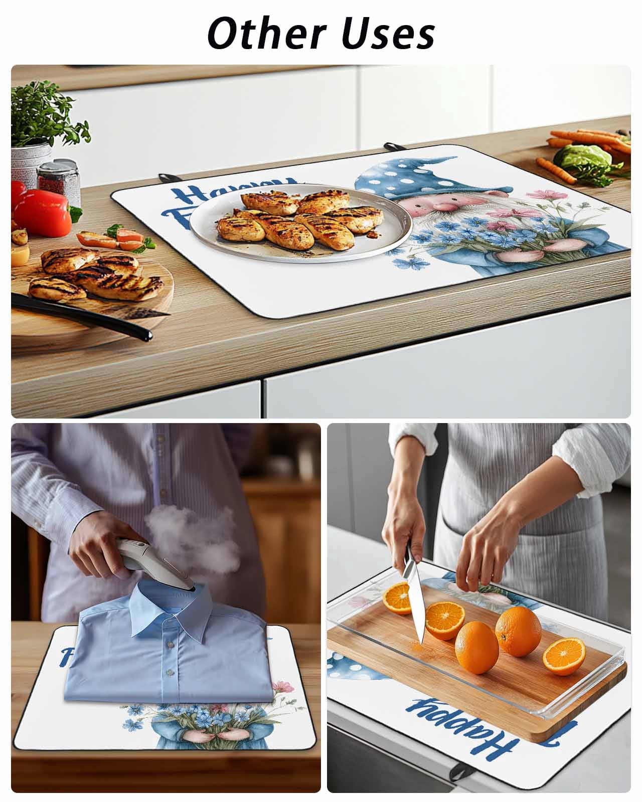 Stove Top Covers for Electric Stove 36x21 Inches, Happy Father's Day Heat Insulation Fireproof Glass Cooktop Protector, Blue Gnomes Floral Botanical Countertop Stovetop Cover for Kitchen