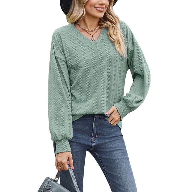 Fashnice Tee-Shirt Femme Manches Longues Tunique Blouse Ample Travail Vert Foncé 2TG