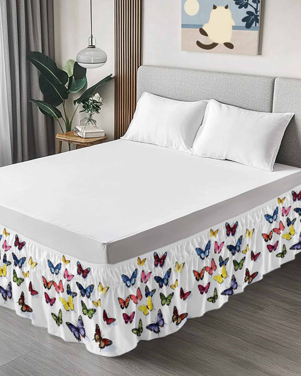 Butterfly Print Wrap Around Bed Skirts for Queen Bed 18" Drop, Bed Skirt with Adjustable Elastic Belt Dust Ruffle Bed Valance for Bedroom Hotel Luxury Modern Colorful Animals Bed Frame Cover