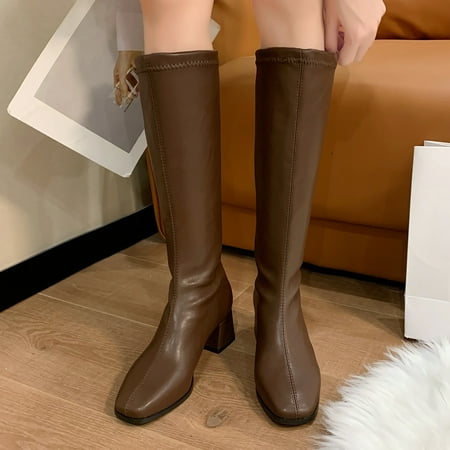 eczipvz Womens Shoes Boots for Women Fashion Women Artificial Leather Solid Color Autumn Thick Sole Square Heels Tan Boots for Women Knee High Wide Calf Brown-7.5
