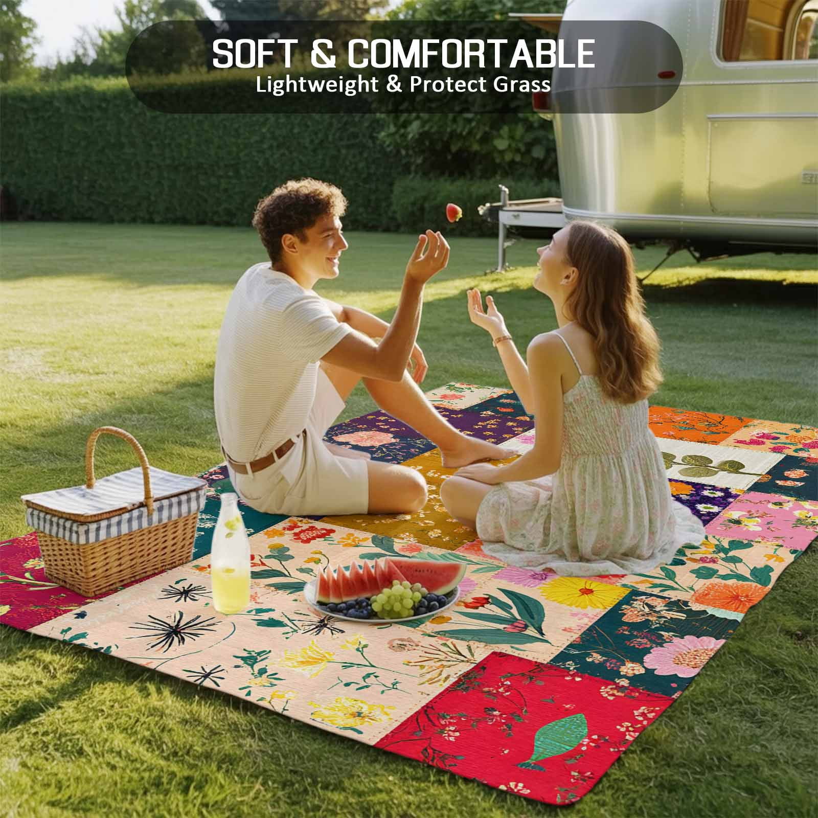 Outdoor Rug 5x8ft Retro Colorful Flowers Large Area Rug Wildflowers Splice Lattice Indoor Outdoor Carpet Outdoor Rugs Mats for Patio Camping,RV,Front Door, Outside Decor