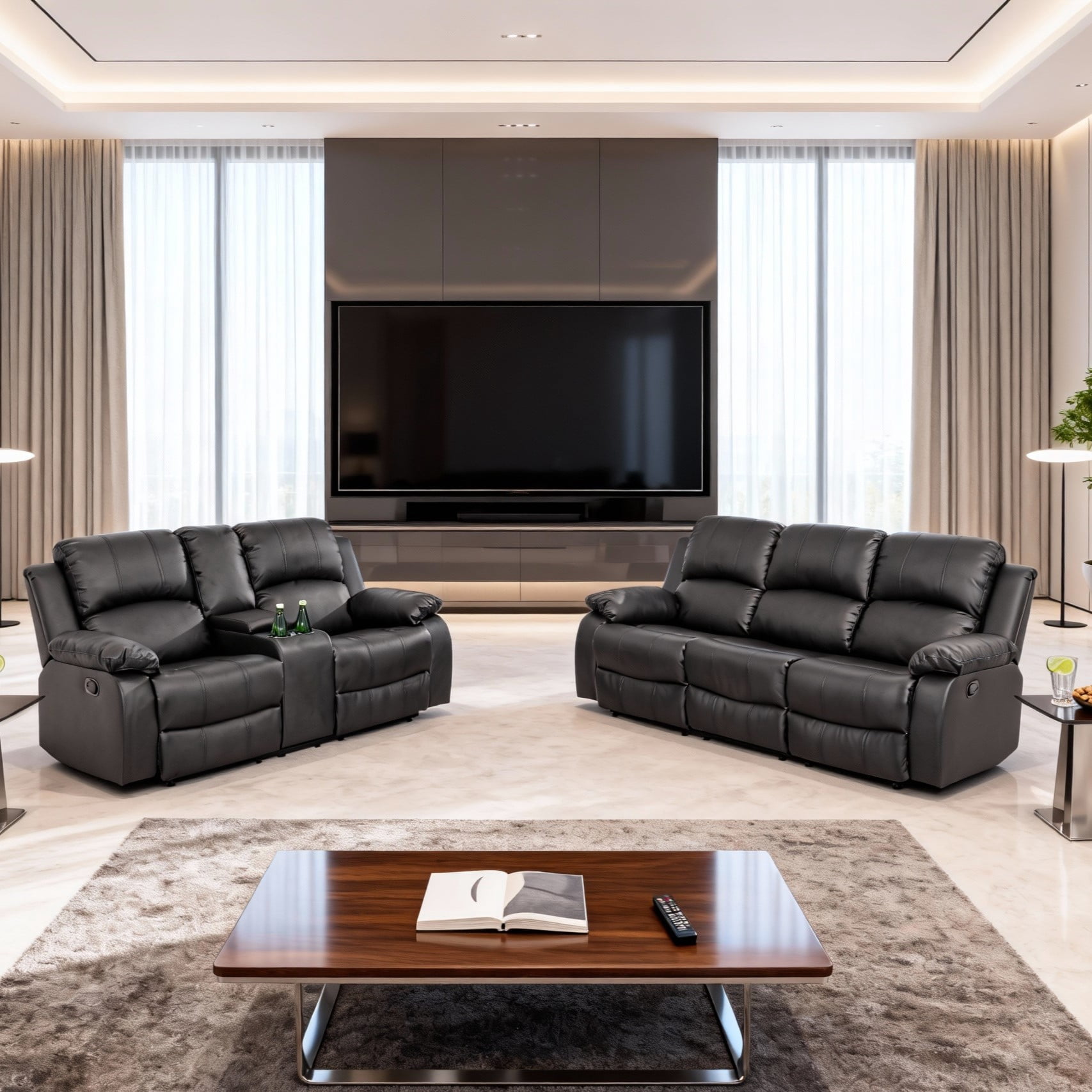 Gewnee Black 2-Piece Living Room Recliner Sofa Set,Air Leather Upholstery with Console & Cup Holders