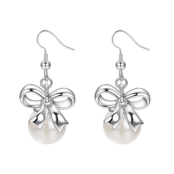 Vogem Large Pearl Drop Earrings for Women Silver Sweet and lively Bowknot Shaped Drop Earrings Trendy Jewellerya